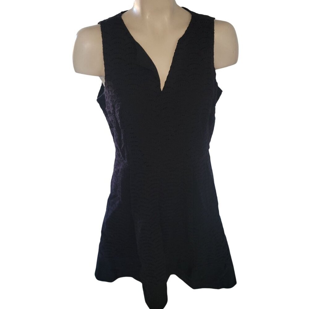 Calvin Klein Black Cotton Eyelet Scalloped V-Neck Fit and Flare Dress Size 10